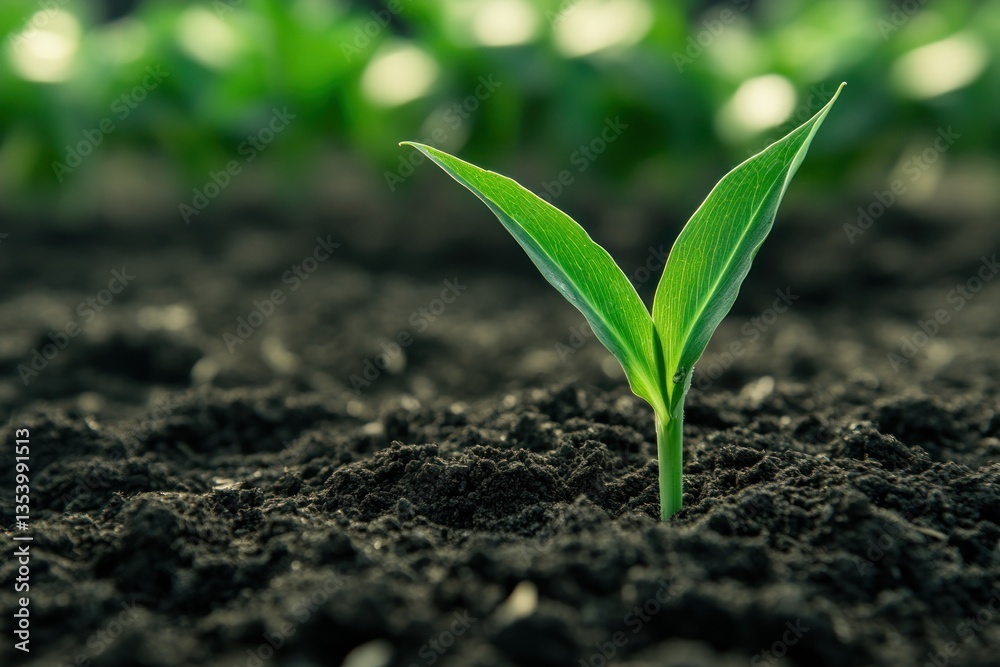 Fototapeta premium Young green sprout growing in dark soil.