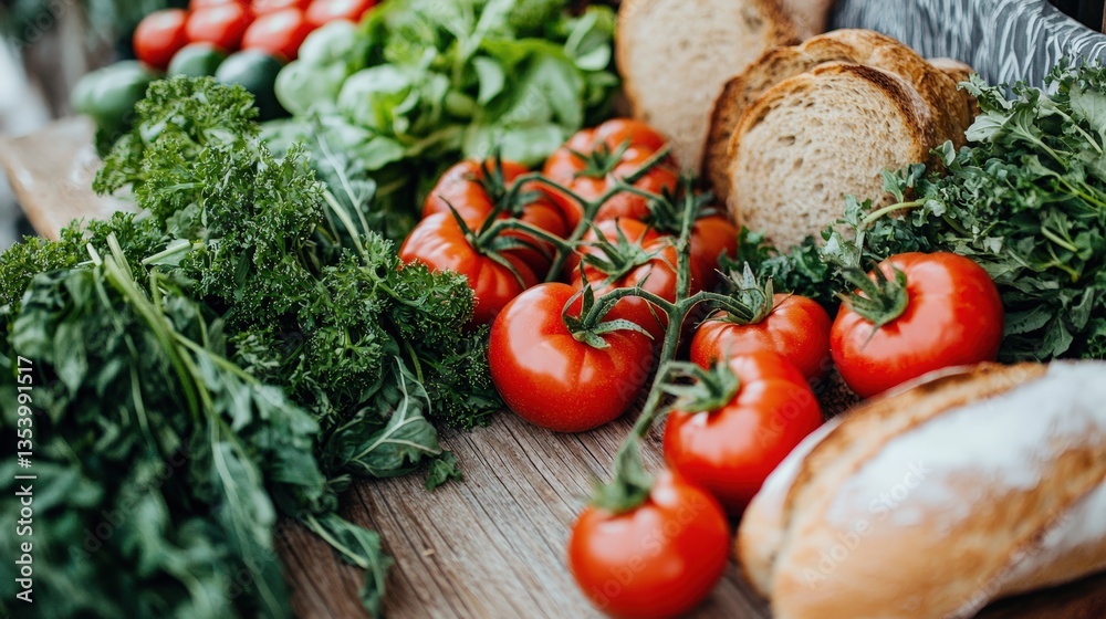 Close-up of an assortment of local produce including ripe tomatoes, leafy greens, and artisanal bread, beautifully arranged on a rustic wooden table, with soft natural lighting highlighting the Close-up of an assortment of local produce including ripe tomatoes, leafy greens, and artisanal bread, beautifully arranged on a rustic wooden table, with soft natural lighting highlighting the