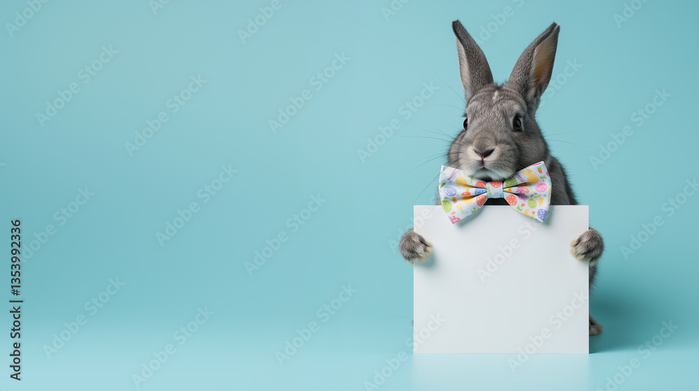 Obraz premium easter bunny with a blank white paper on a blue background, easter concept mockup, copy space