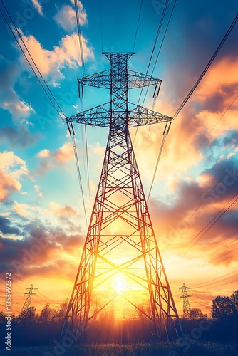 A large electrical pylon is seen against a vibrant sunset sky