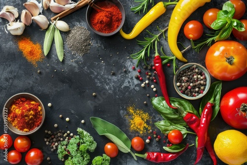 Premium Quality Visual of Colorful Spices and Fresh Vegetables Arranged for Cooking