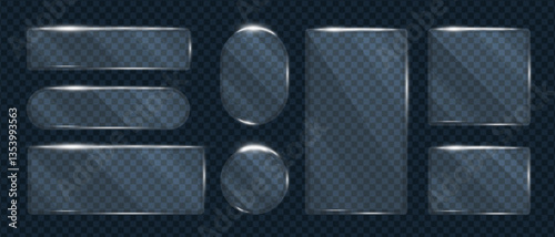 Glass transparent geometric shape frames shining glare set, Glass overlay texture square and oval panels, Plastic samples glass mirror, Vector illustration.