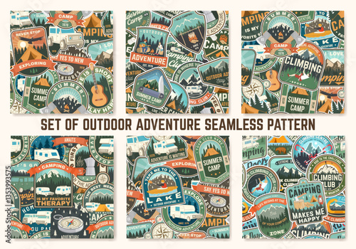 Set of Summer camp colorful seamless pattern with travel inspirational quotes. Vector. Background, wallpaper, seamless pattern with guitar, camping climber, tent, mountain and forest.