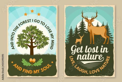 Set of hiking poster design with inspirational adventure quotes. Flyer, poster, banner with oak tree, leaf and acorns, pin forest, deer. Vector.