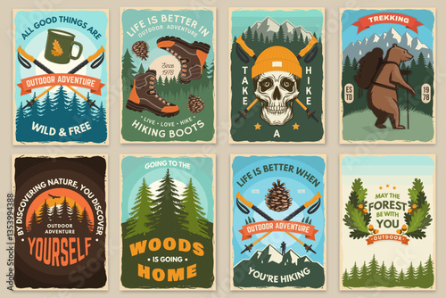 Set of hiking outdoor adventure flyer, poster, banner with hiker bear with backpack, mountain, hiking poles and pine cone. Vector.