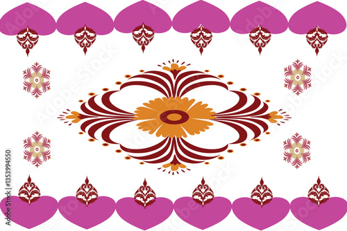 White black ground with pink heart flowers and red orange floral decoration 