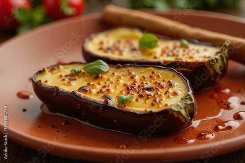 Baked Eggplant Halves with Glossy Skin and Cheese Crust, Appetizing Dish Presentation