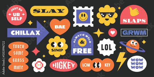 Colorful groovy and trendy stickers with gen z and millenials slang words.  Vintage stickers, patch, badge element with cartoon character.