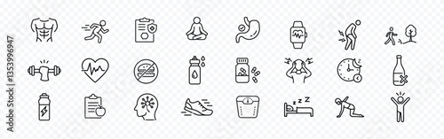 Healthy Lifestyle Line Icons Set, Fitness, Wellness, Self-Care Collection, Healthy lifestyle icons set in line style. Fitness and sport icons. Work and rest, physical activity