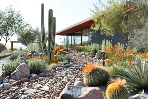 Premium Quality Image of Southwestern Desert Home Design with Cacti and River Rock Landscaping