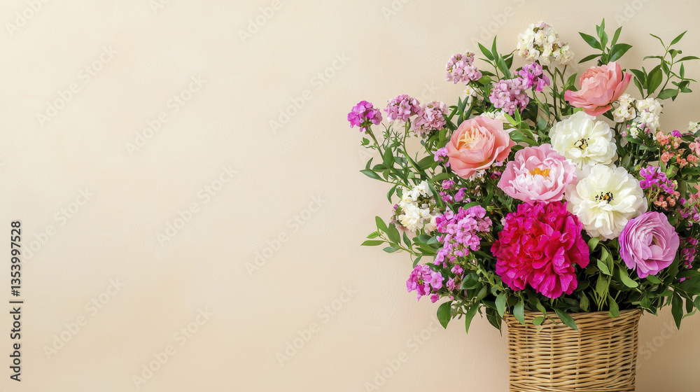 beautiful basket of colorful flowers, including peonies and sweet peas, arranged elegantly against soft beige background, radiating joy and beautiful basket of colorful flowers, including peonies and sweet peas, arranged elegantly against soft beige background, radiating joy and