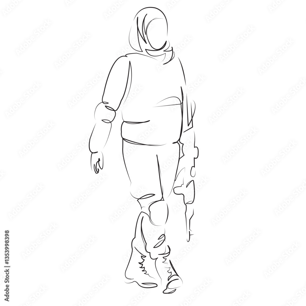 Fototapeta premium One continuous line art drawing flat illustration woman, muslim, warrior, military, soldier, female, army, islam, protection, security. Isolated image hand draw outline on white background