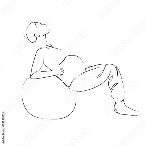 One continuous line art drawing flat illustration pregnant, mother, lifestyle, sport, adult, indoor, ball, female, training. Isolated image hand draw outline on white background