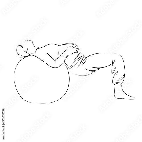 One continuous line art drawing flat illustration woman, pregnant, mother, lifestyle, exercising, sport, adult, indoor, ball. Isolated image hand draw outline on white background