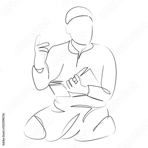 One continuous line art drawing flat illustration person, muslim, male, man, teacher, education, islam, student, arab, child. Isolated image hand draw outline on white background