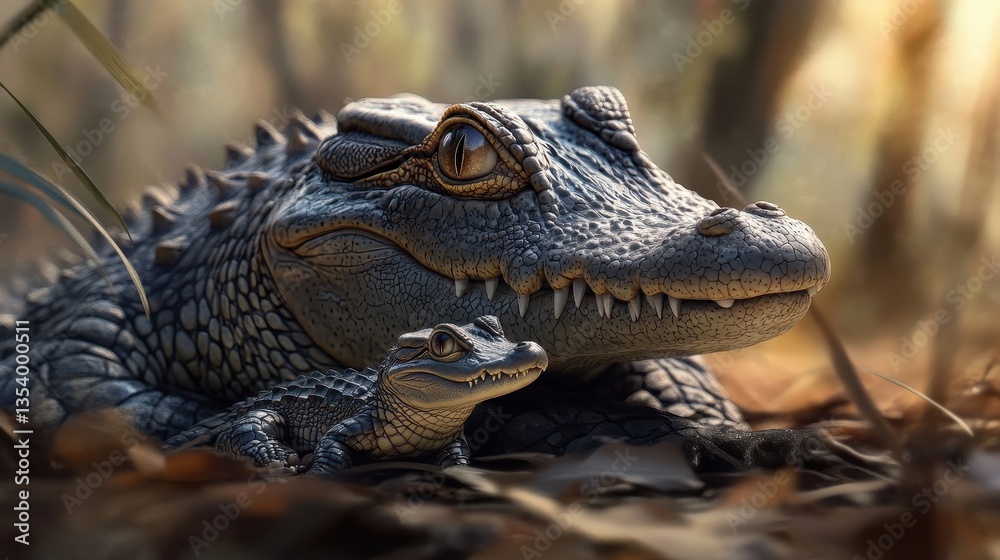 Fototapeta premium alligator mother and baby in nature