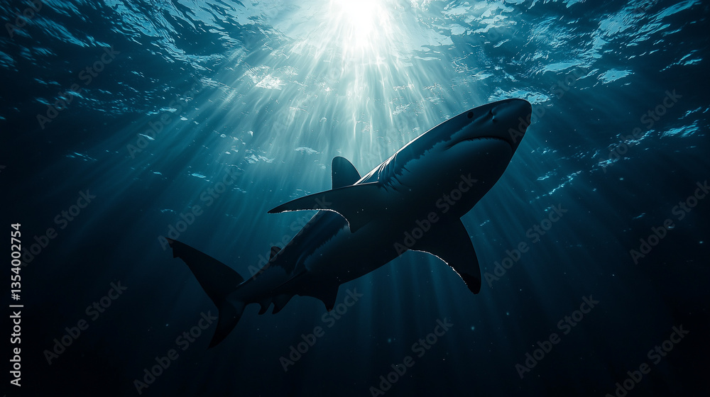 Obraz premium Shadowy silhouette of a giant shark gliding through the deep ocean