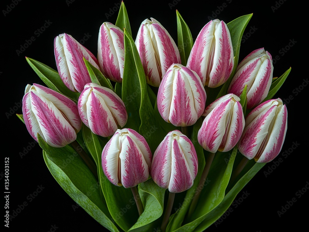Fototapeta premium From a bird's-eye perspective, an elegant and ethereal composition unfolds, presenting a captivating arrangement of white and purple tulips Their delicate petals, meticulously arranged, create a