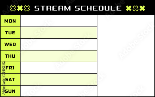 Yellow weekly stream schedule for streamers and VTubers vector design