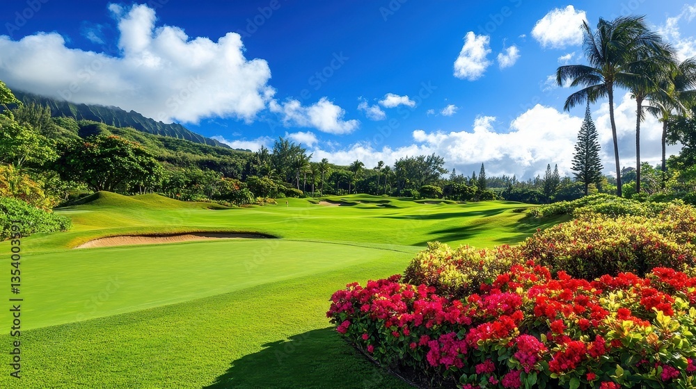 Fototapeta premium lush green golf course in tropical paradise