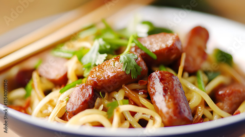 Close-up of sausage noodles: A fresh and appealing food photo