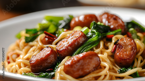 Food photography of stir-fried noodles with sausage and green vegetables