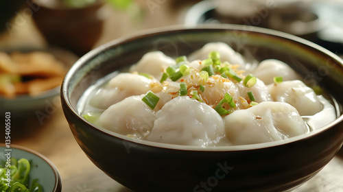A picture of dumpling soup garnished with fresh and fragrant scallions