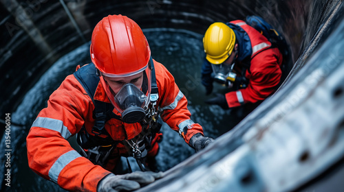 A safety officer performs a confined space inspection, peering into a large industrial tank with breathing apparatus and full protective gear, while a colleague monitors from above photo