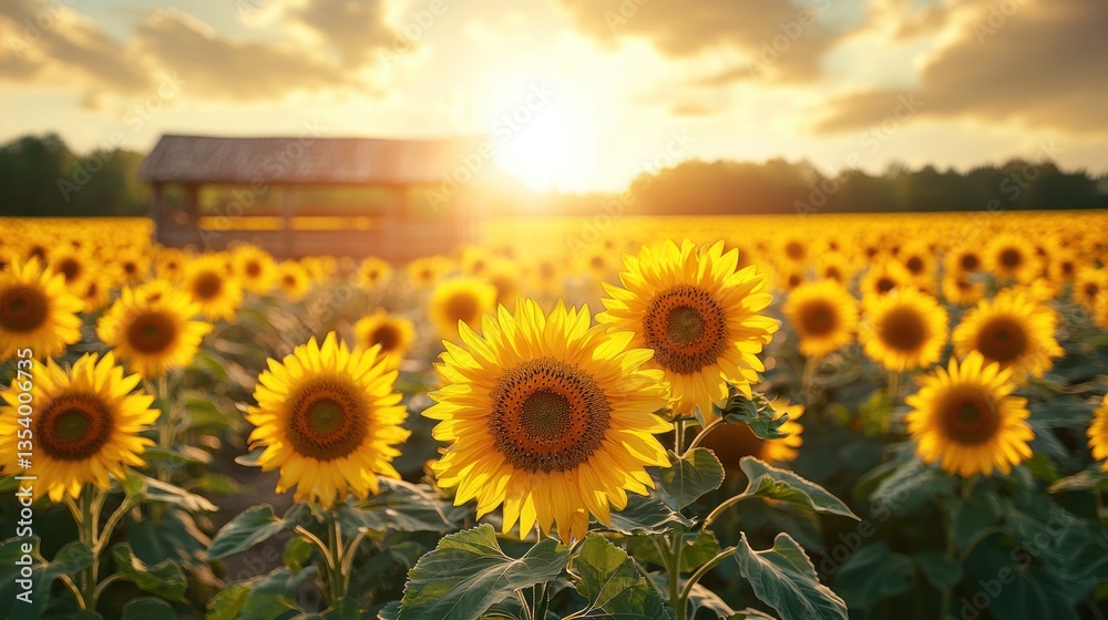 Obraz premium Sunlit Sunflower Field Sunset Landscape (1)