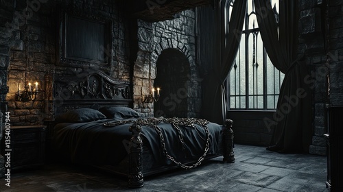 Dark Gothic bedroom, chains on bed, stone walls, window view, fantasy interior design