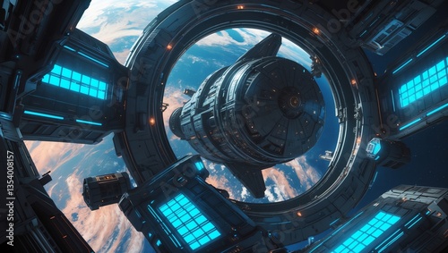 Fototapeta Naklejka Na Ścianę i Meble -  Advanced Space Station Viewing Earth from Space Background