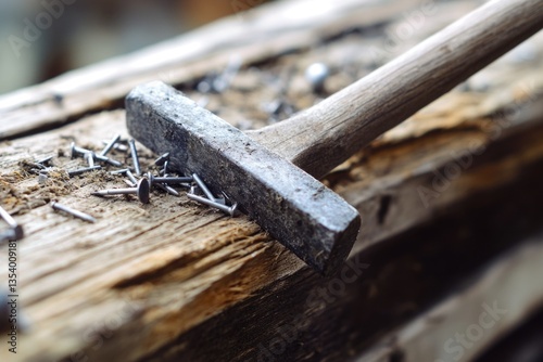A close-up view of a hammer and nails sitting on a wooden plank, ready for use