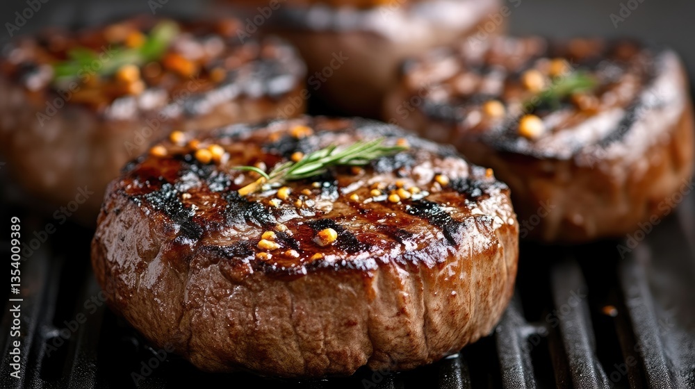 Sizzling, perfectly seared steaks on a grill Sizzling, perfectly seared steaks on a grill