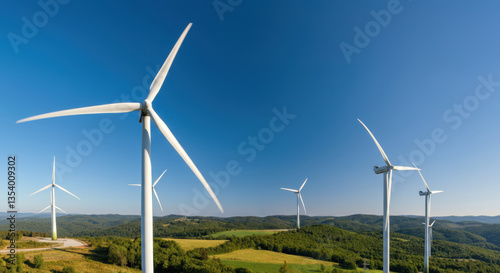Wallpaper Mural Panoramic view of wind turbines on a sunny day in a green landscape Torontodigital.ca