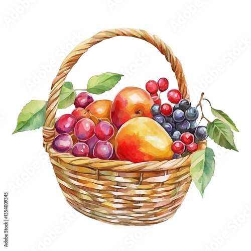 Sorbus Fruit Basket, watercolor vector, isolated on a white background.