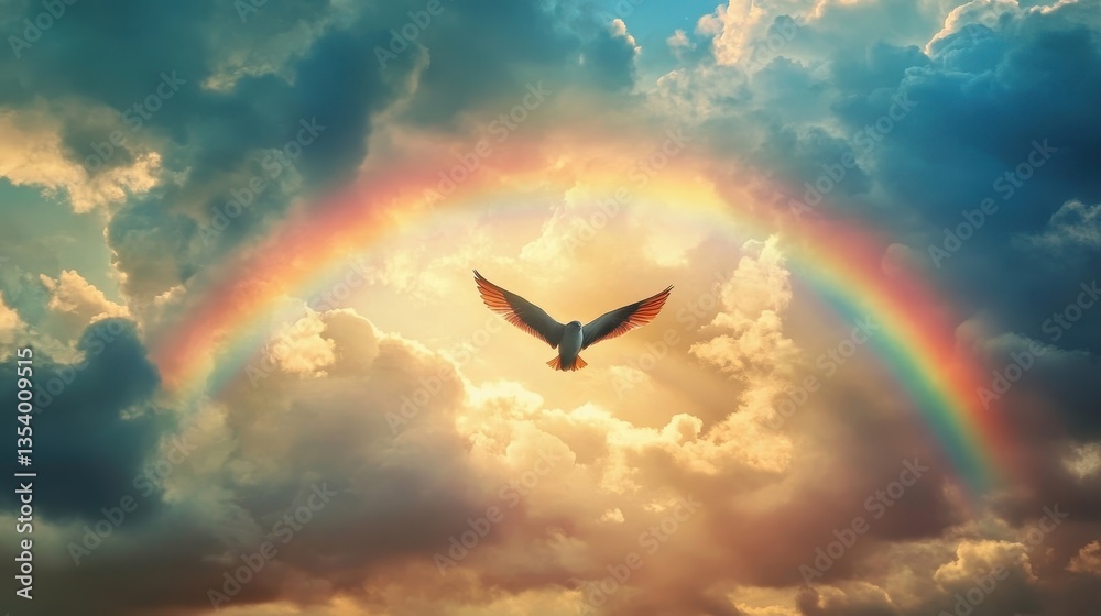 dove flying through rainbow in cloudy sky dove flying through rainbow in cloudy sky