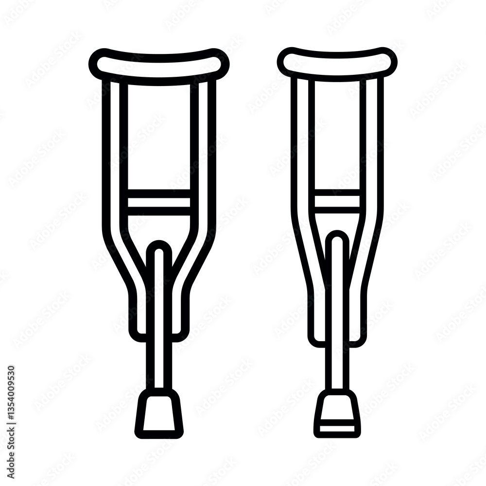 Crutch icon. Attribute of treatment or fracture. Symbol of injury or risk, danger or illness. Support for a disabled or sick person. Crutch icon. Attribute of treatment or fracture. Symbol of injury or risk, danger or illness. Support for a disabled or sick person.