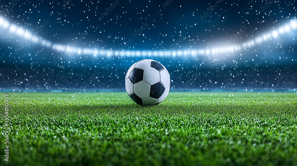 Naklejka premium Soccer Ball on Wet Grass Night Stadium Snowing
