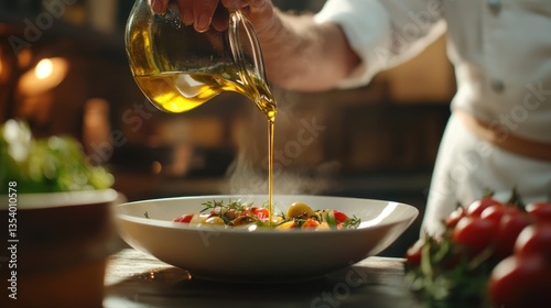 Chef Pouring Olive Oil on a Delicious Salad