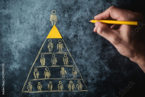 Hand drawing hierarchical pyramid chart on blackboard. photo