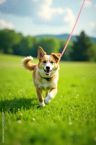 Dog on leash running freely in a green field , field, space