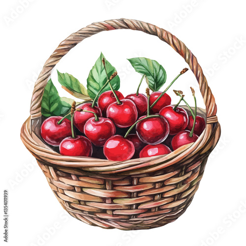 Sour Cherry Basket, watercolor illustration, isolated on a white background.