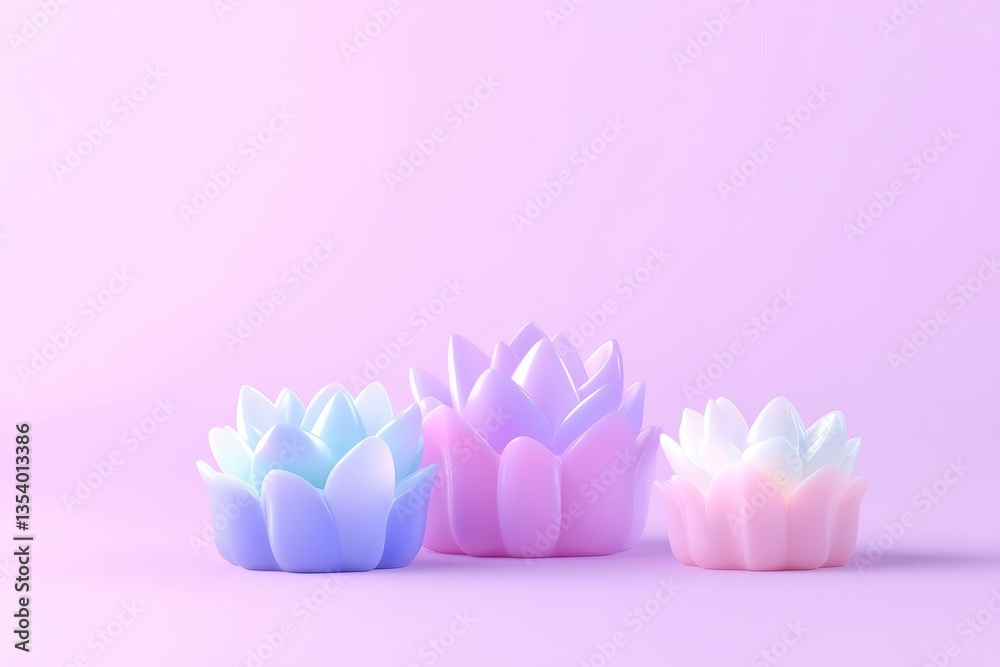 Pastel lotus-shaped decorative items on a soft pink background. Three different pastel colored lotus flower shapes are displayed Pastel lotus-shaped decorative items on a soft pink background. Three different pastel colored lotus flower shapes are displayed