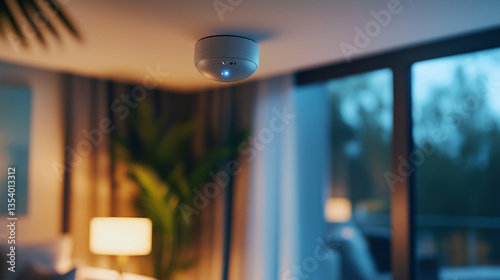 A close-up of a discreet ceiling-mounted camera in a modern living space, motion detection sensors subtly lit, ambient warm tones surrounding the device