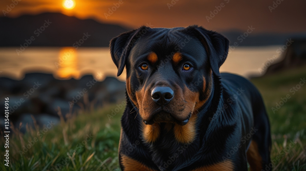 Fototapeta premium majestic Rottweiler stands proudly in grassy field during sunset, with serene lake and mountains in background. dog expressive eyes reflect warm hues of setting sun, creating captivating scene