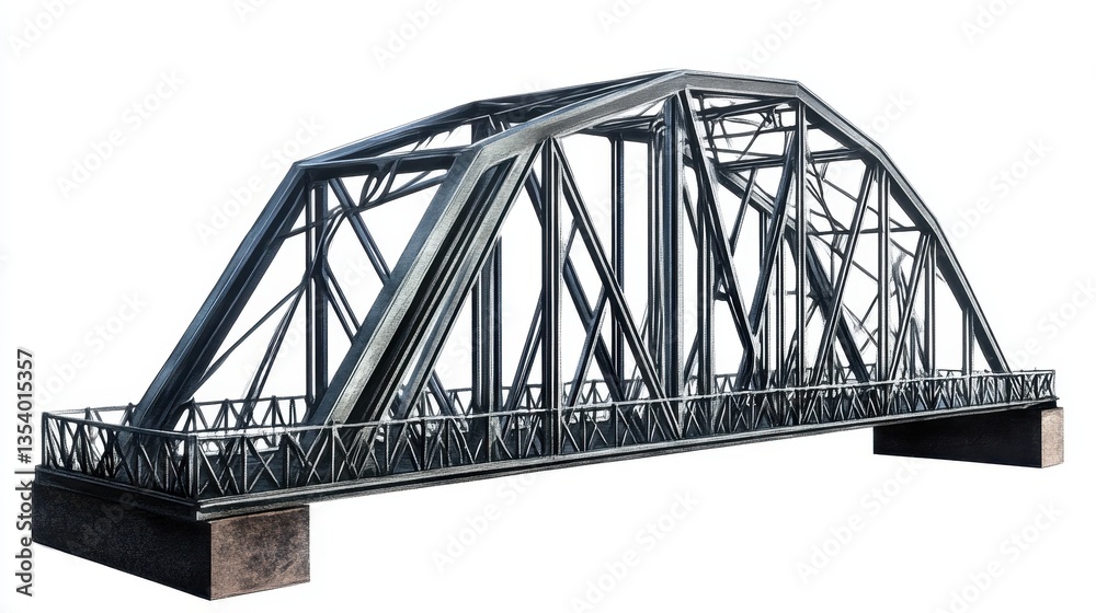 Obraz premium A Detailed 3D Model of a Steel Arch Bridge Structure Against White Background