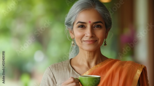 Middle-aged Indian woman with a serene expression, holding green tea, soft background