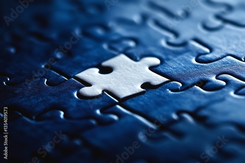 Close-up of a single white puzzle piece fitting into a dark blue jigsaw puzzle.
