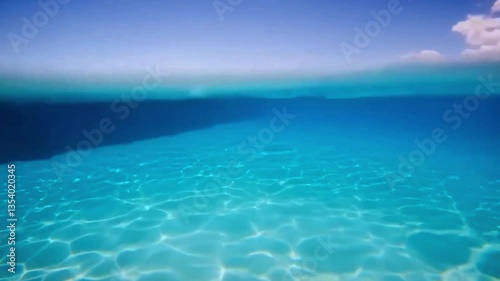 Half underwater view of a crystal-clear turquoise sea in slow motion, showing calm ocean waves above and shimmering light patterns below. Relaxing tropical summer footage


