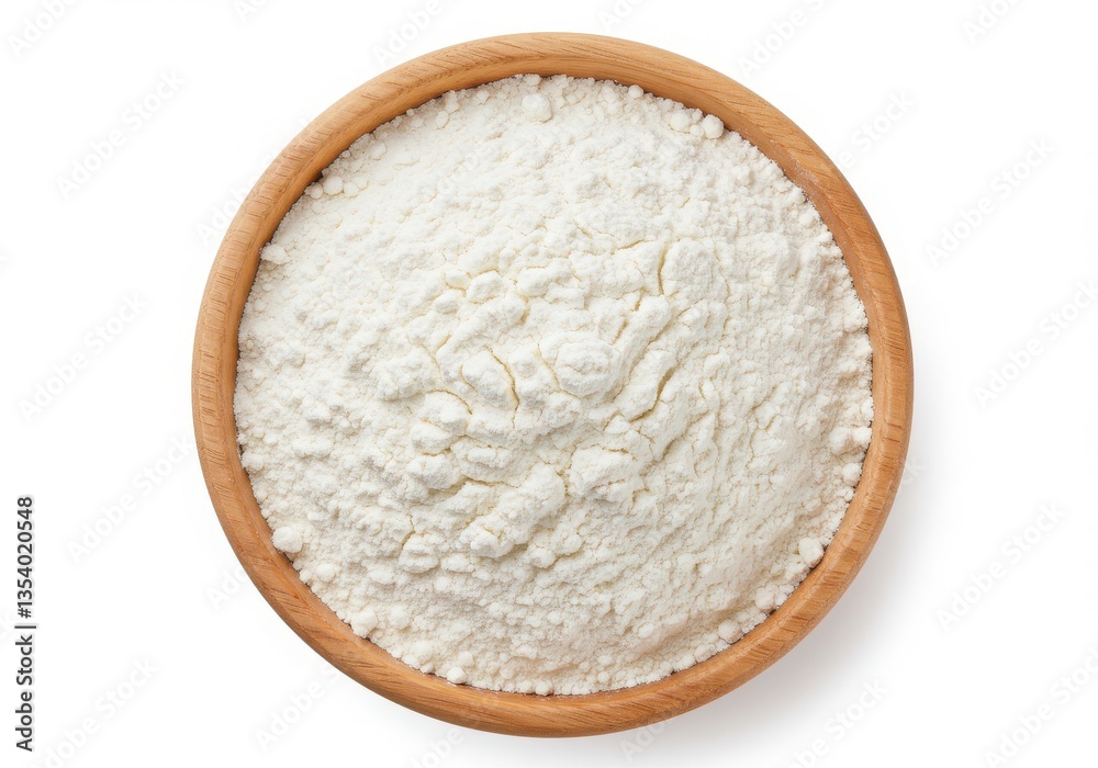 A top view of a wooden bowl filled with white flour on a plain white background in a studio shot A top view of a wooden bowl filled with white flour on a plain white background in a studio shot
